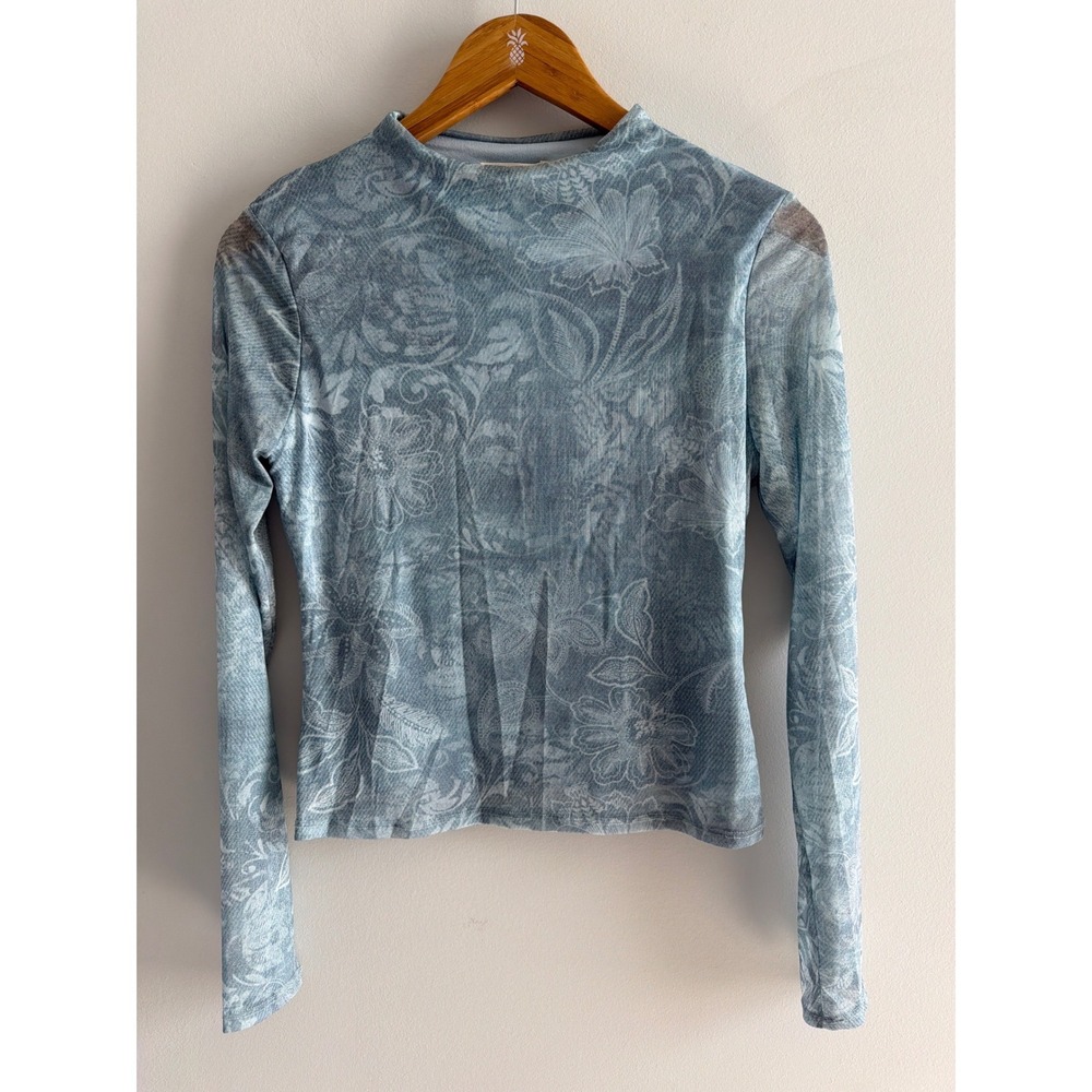 See You Monday Blue Floral Paisley Mesh Mock Neck Long Sleeve Top Large